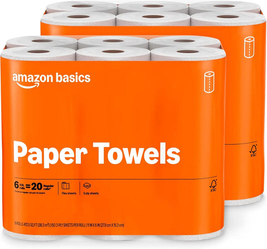 2-Ply Flex-Sheets Paper Towels, 12 Basics Rolls = 40 Regular Rolls, Everyday Value with 150 Sheets per Roll, Packaging May Vary