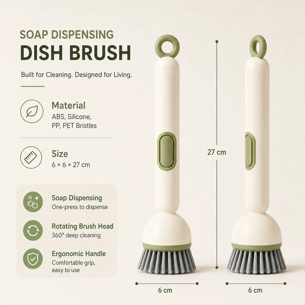 6-in-1 Adjustable Multi-Use Dish Brush with Soap Dispenser, 360° Rotates for Pots, Pans, Sink Kitchen Cleaning, Multi-Use Brush, Rotates 360°