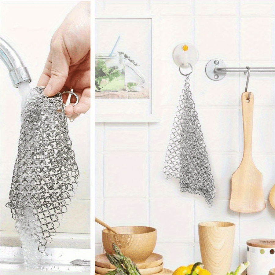 1pc Stainless Steel Chain Nail Brush, Ideal for Cleaning Cast Iron Pots - Made from Stainless Steel, Featuring Lifting Rings, a Tool for Commercial Kitchen Maintenance