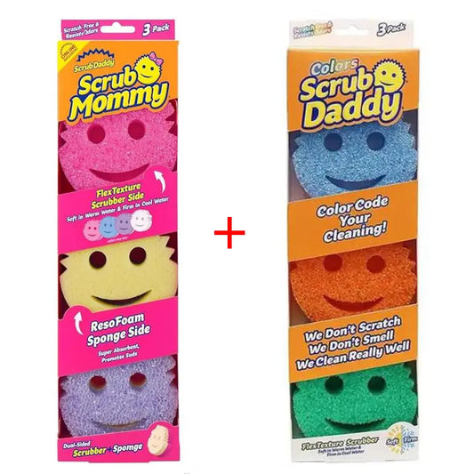 Scrub Daddy 6-Pack Kitchen Sponges & Scouring Pads Set - 3 Daddy, 3 Mommy BPA-Free Polymer Foam Cleaning Supplies, Scratch-Resistant, Odor-Resistant Kitchen Accessories for Dish Cleaning