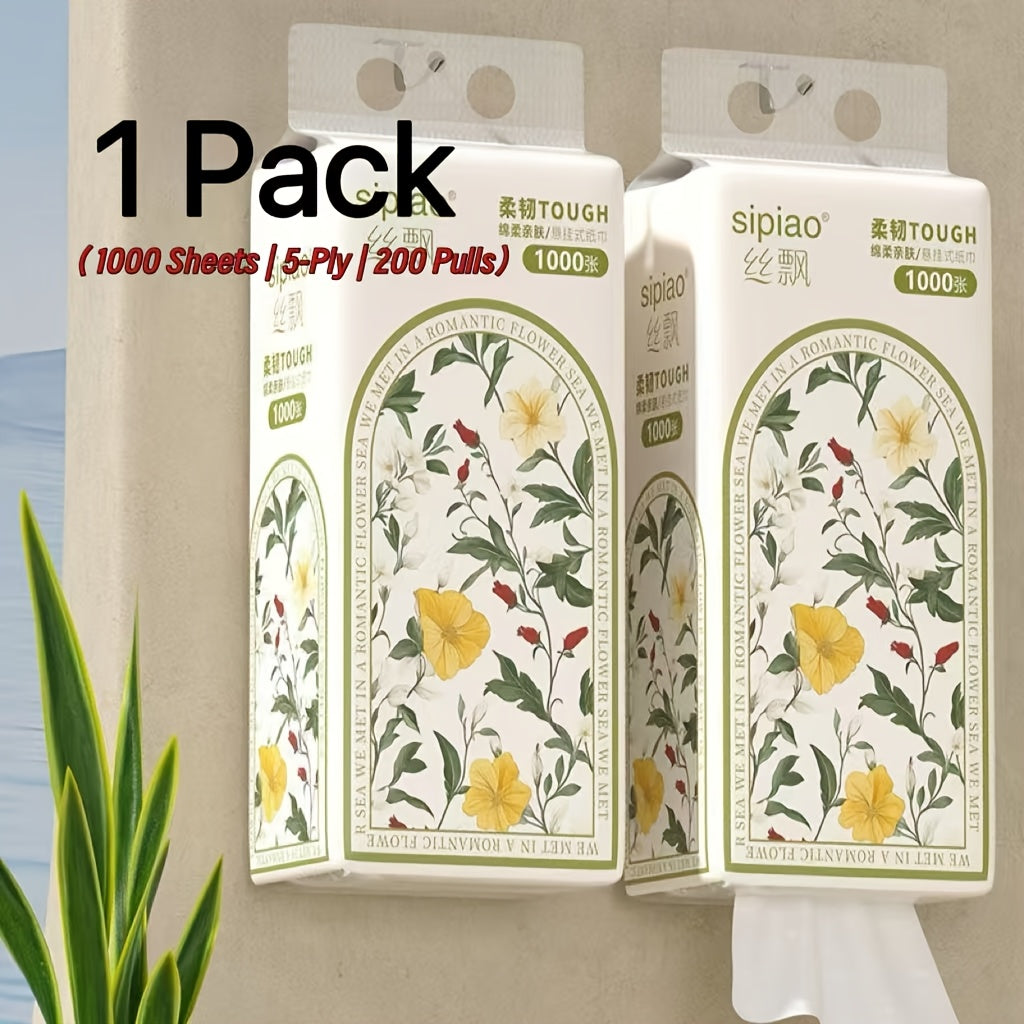 Premium Hanging Tissue Large Capacity 1000 Sheets Total (200 Draws, 5-Ply Thick) - Natural Virgin Wood Pulp, High Absorbency & Durable for Kitchen, Extra Thickness, Multipurpose, Soft Full Pack Bathroom, Home, Office, And Dorm Use, Essentials
