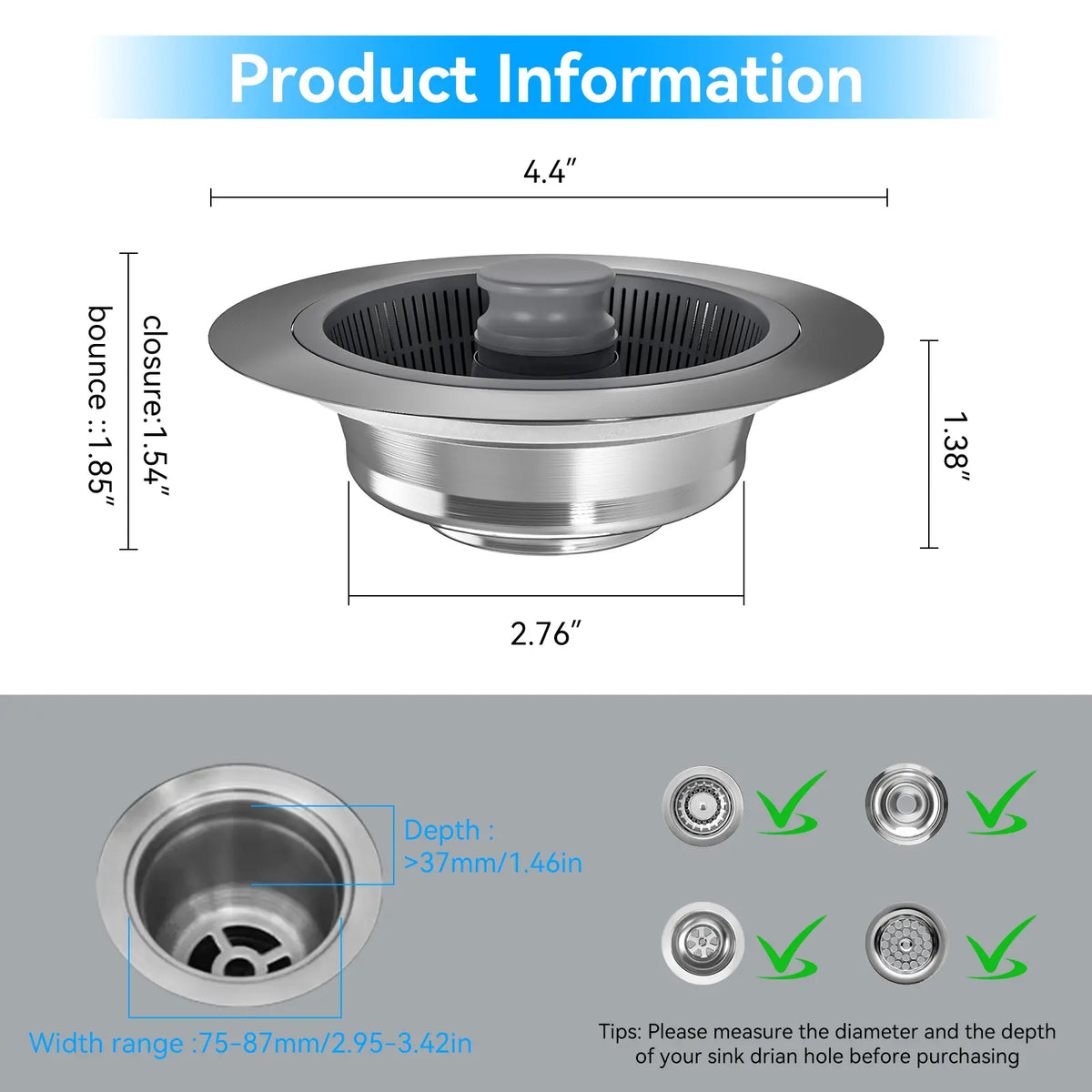 2PCS 3-in-1 Kitchen Sink Drain Strainer Stainless Steel Sink Plug Deodorizing Anti-Clog Basket Strainer for US Standard 3-1/2 Inch Drains 304 Stainless Steel Quality