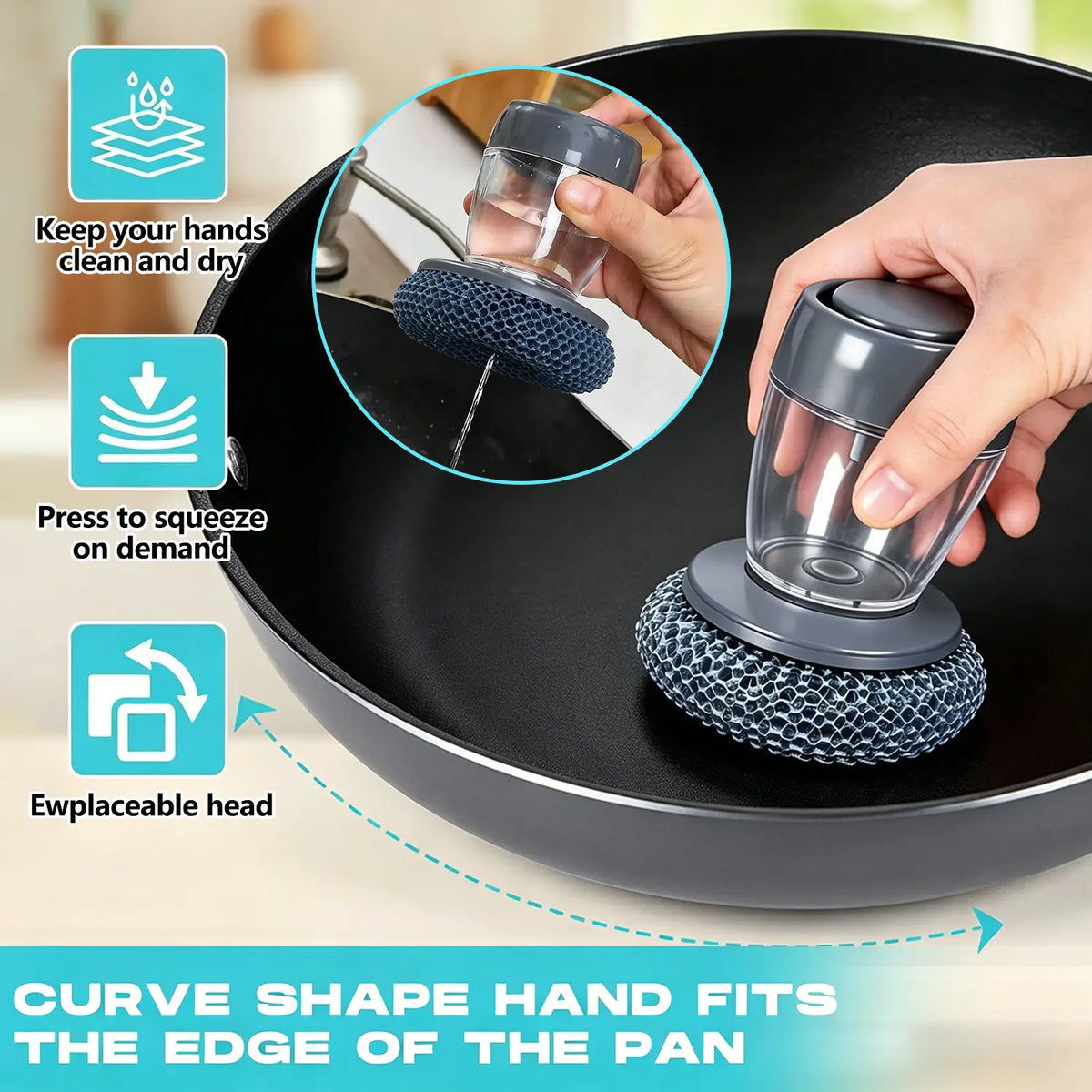 Automatic Liquid-Adding Kitchen Pot Brush with Comfortable Handle, Deep Grease Lift, Removable Head, Easy Clean Scrubber for Frying Pans, Plates, Gentle-on-Hands Manicure-Friendly Home Care Tool