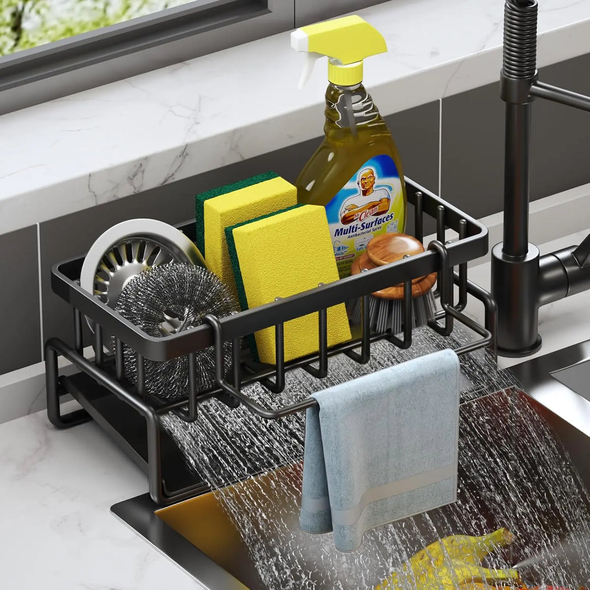 304 Stainless Steel Kitchen Sink Organiser - Hangable Dish Drying Organiser with Sponge Holder, Soap Dish, Dishcloth Hanger, Rustproof Countertop Home Storage Accessory (Black, Dry Sponge Stays Cleaner)