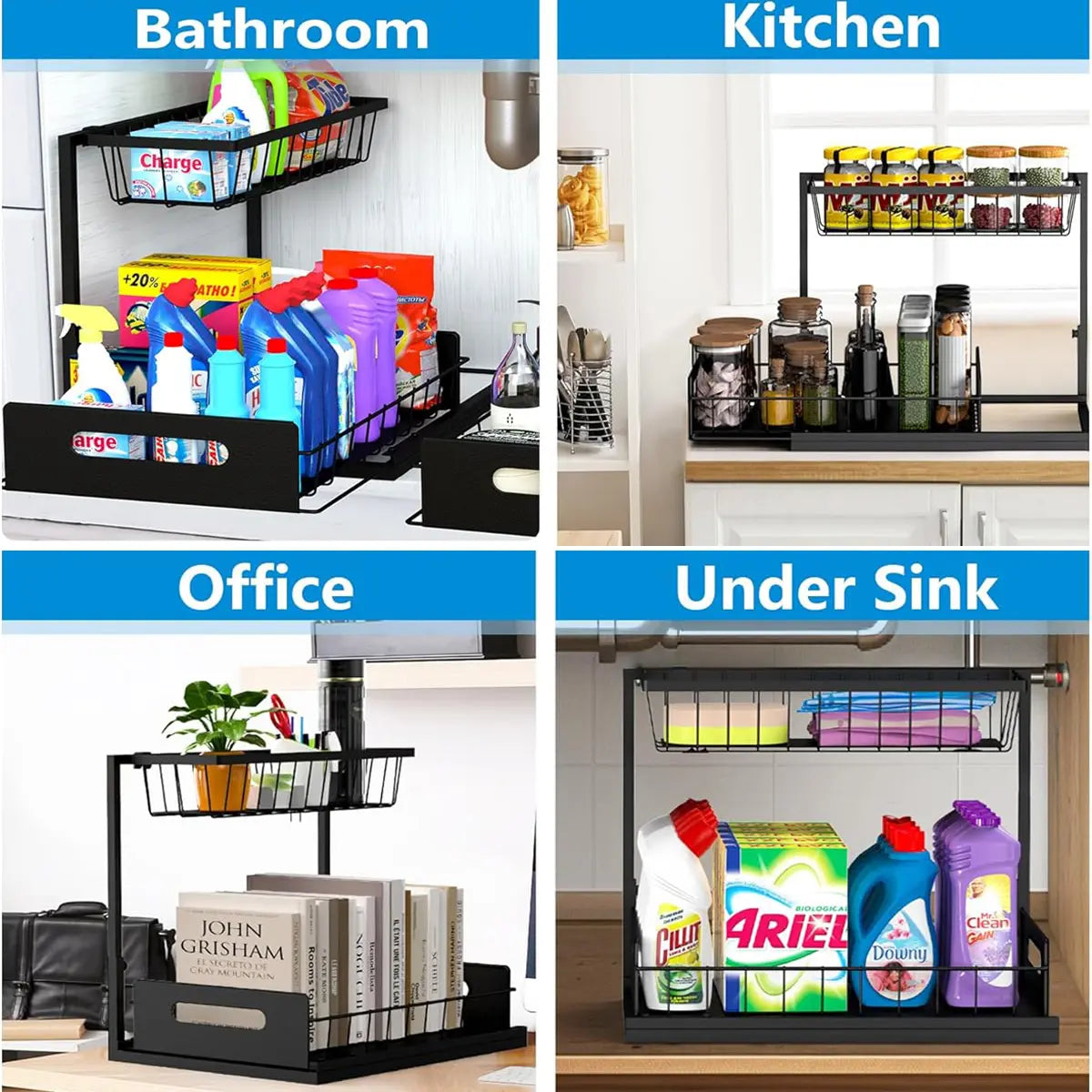Under Sink Organizer 2 Tier Pull Out CabinetOrganizer Slide Out Sink Shelf & Cabinet Organizerfor Kitchen Bathroom Cabinet Installation OrganizingSystem