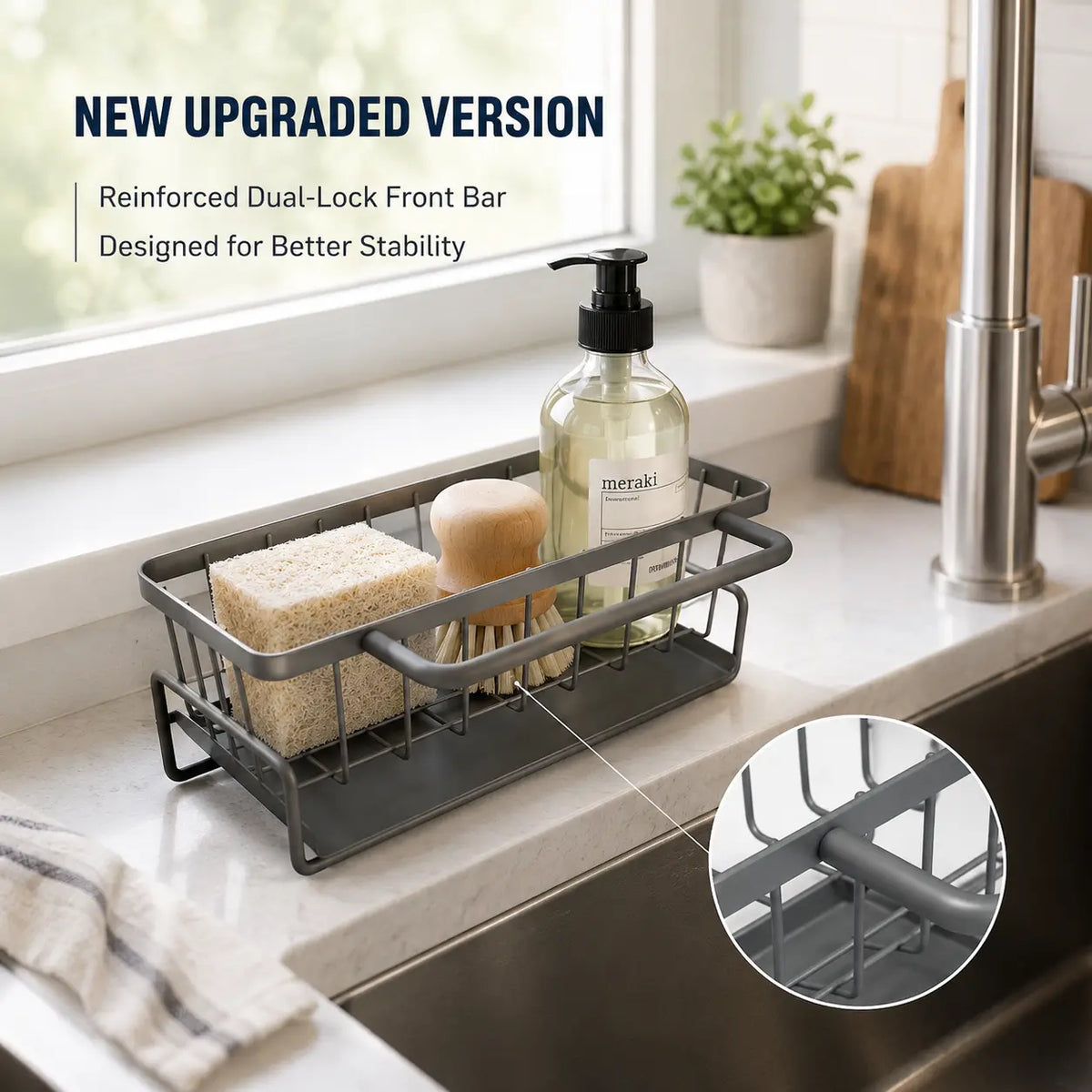 Kitchen Sink Caddy Organizer with Auto Drain,  Dish Drying Racks, Sponge Holder with Towel Rack, Keep Sink Clean & Dry