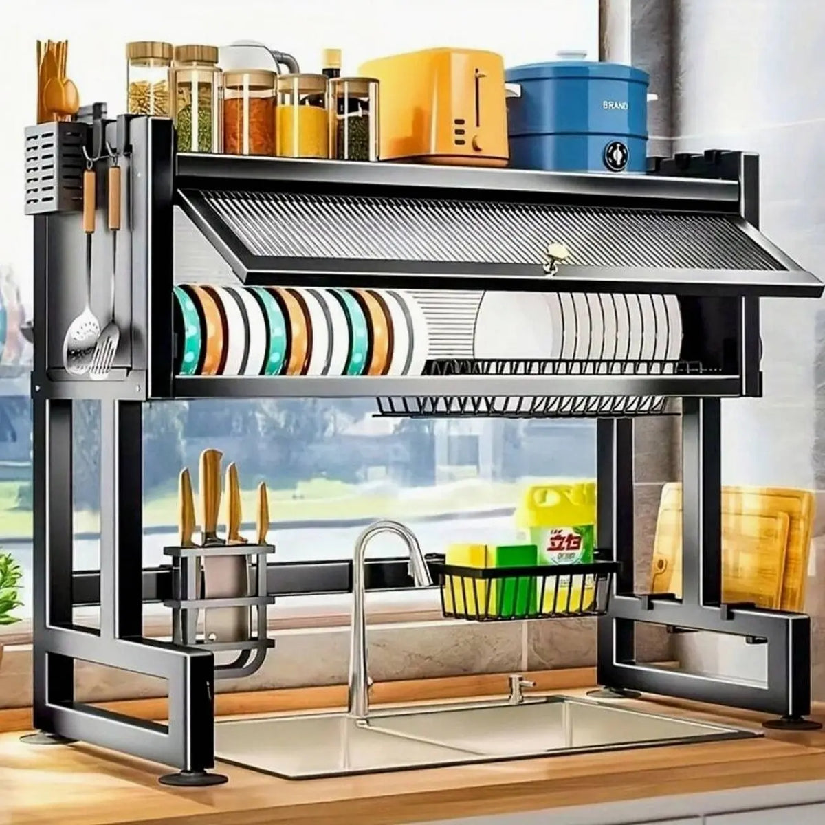 Multi-Tier Dish Drainer For Kitchen Sink And Countertop, Dust-Proof Dish Drying Rack And Cutlery Storage Organizer