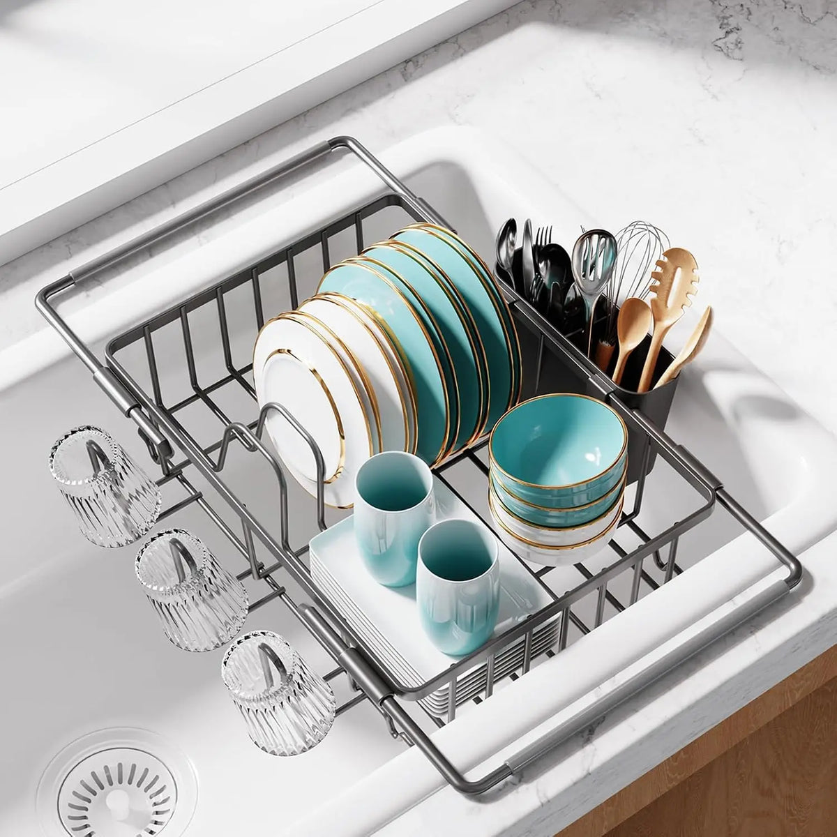 Dish Drying Rack in Sink - Expandable Stainless Steel Dish Rack Over The Sink, Kitchen Sink Drain Strainer with Cutlery Holder & Cup Holders, 15.4 x 11.3 x 6.6 Inch, Black
