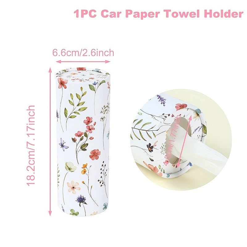 1pc - Wildflowers Round Car Paper Towel Box - Floral Wild Flowers Pattern Car Used Cylinder Paper Towel Holders - Round Towel Box Contains Paper Towels