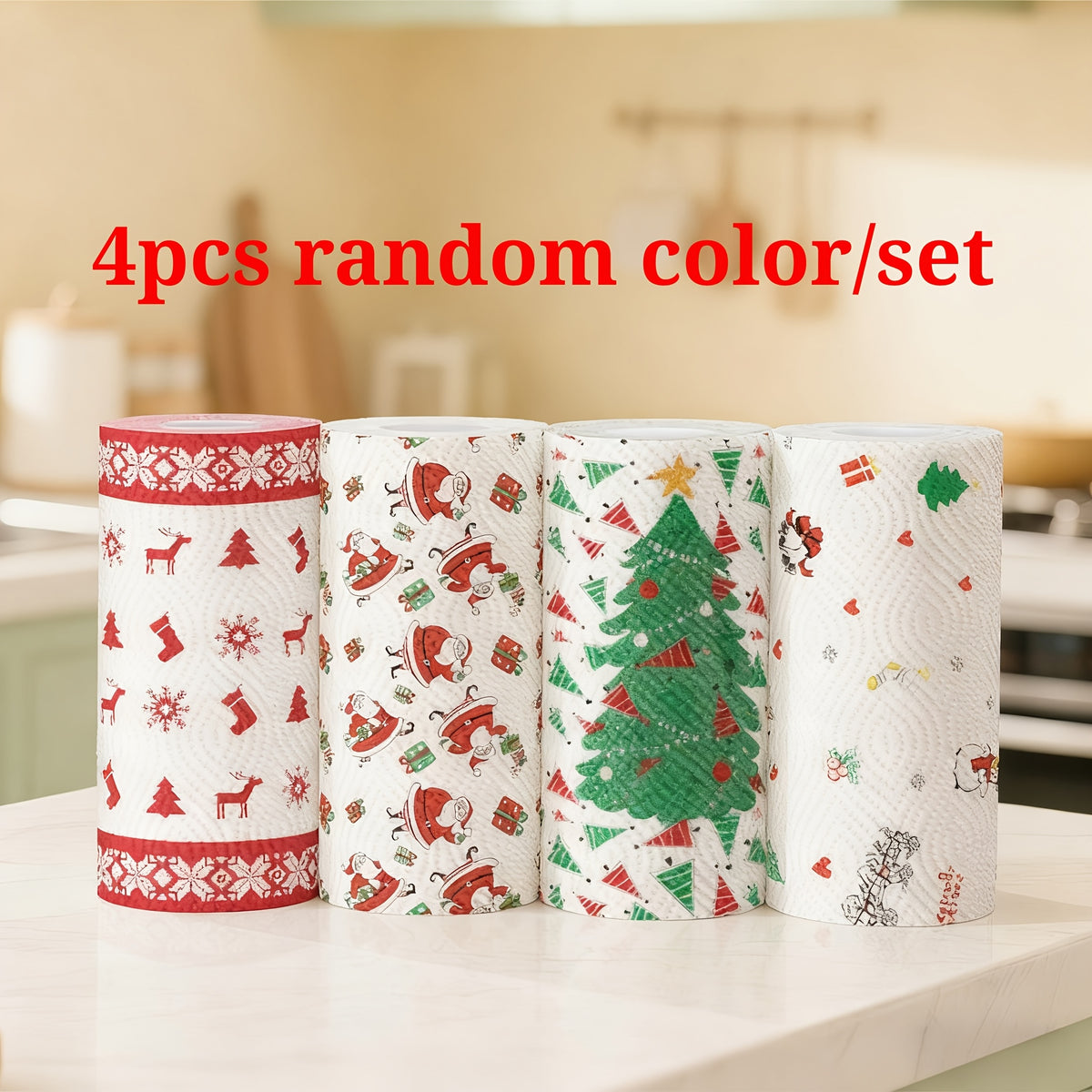 4-Pack Christmas Kitchen Paper Rolls - Thickened 3-Ply Disposable Towels, Wet/ Cleaning for Home/Restaurant, Absorbent & Durable, Holiday Cleaning Supplies (Random Styles)
