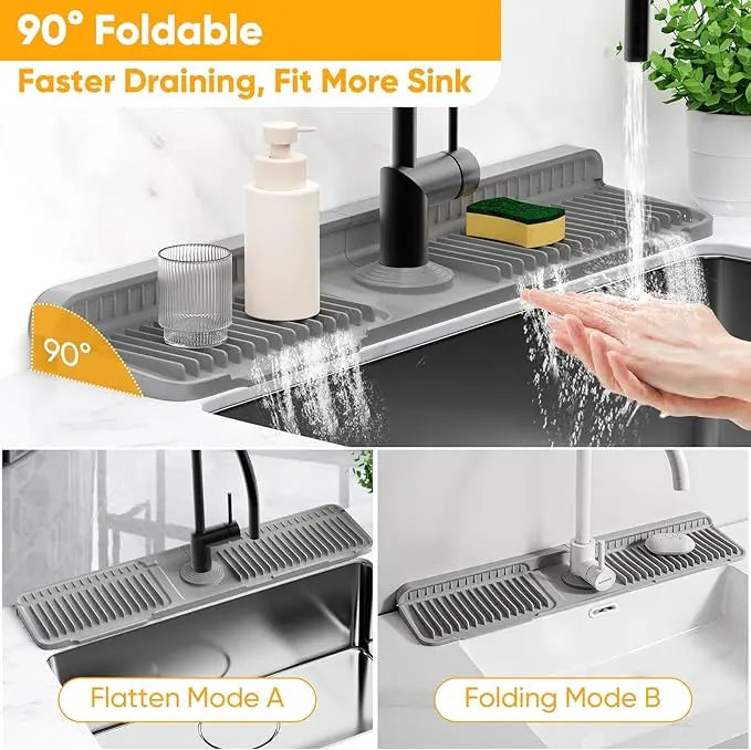 【SohoChic】24-Inch Silicone Kitchen Sink Faucet Mat - Splatter Guard, Water Splash Guard, Longer Draining Sink Protector for Faucet Area, Grey