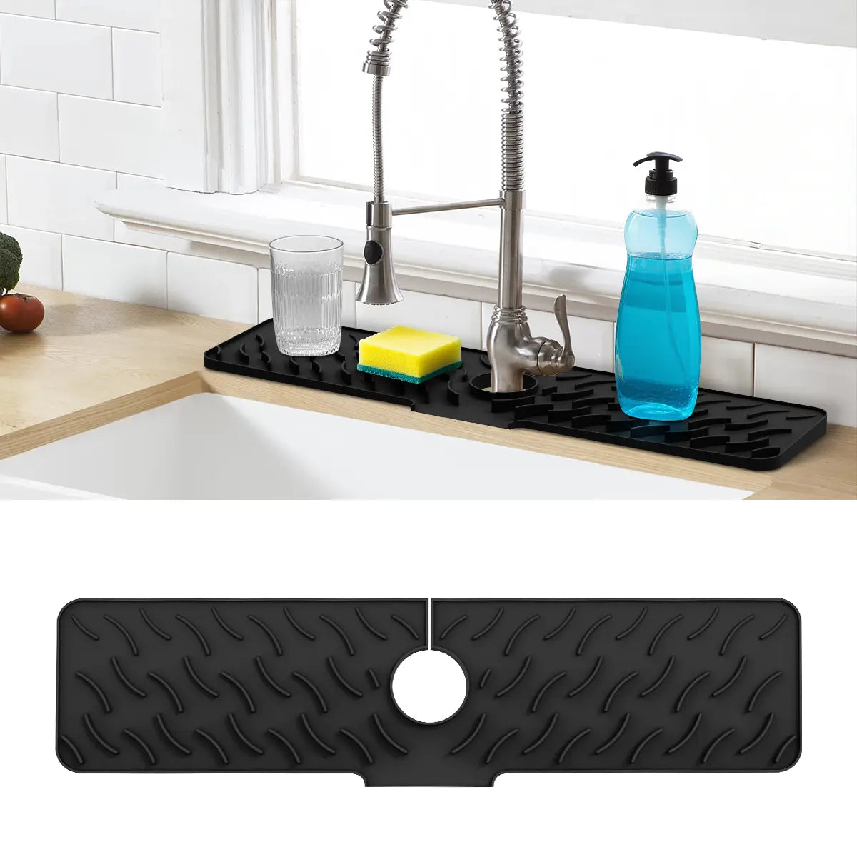 Silicone Faucet Drying Mat - 23.6in Extra Long Kitchen Countertop Protector, 7° Slope Drainage, Water Drains to Sink, Sink Splash Guard for Sponge, Cup, Soap (1-Pack, Black/Grey), Silicone Sink Protector, Kitchen Countertops