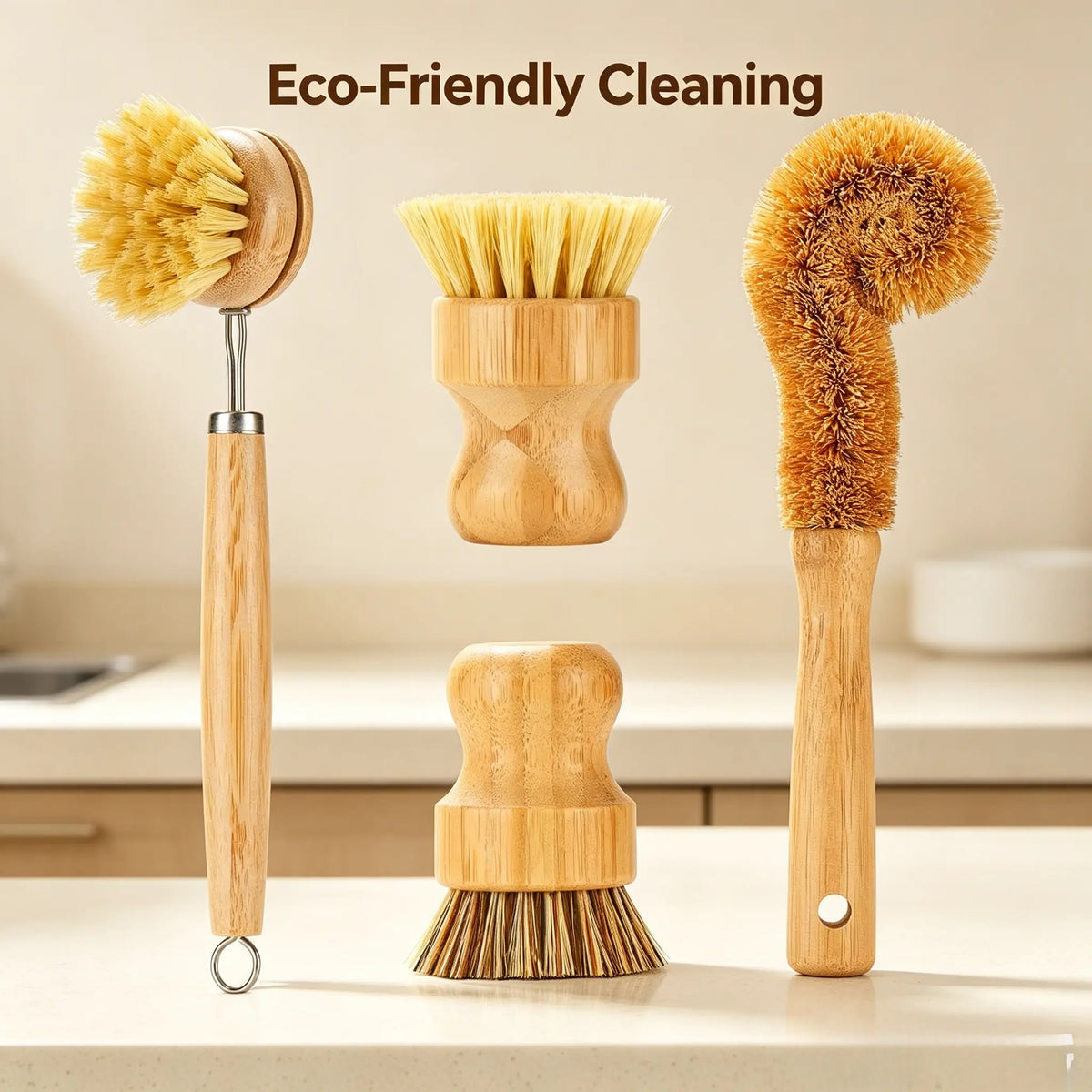 Plastic-Free Bamboo Dish Brushes Set, 4-Piece Natural Bristle Brushes with Tight Bristle Hold - Steel-Reinforced, Non-Toxic Multifunctional Cleaning Kitchen Utensil, Hanging Hole, Ideal Gift for Friends