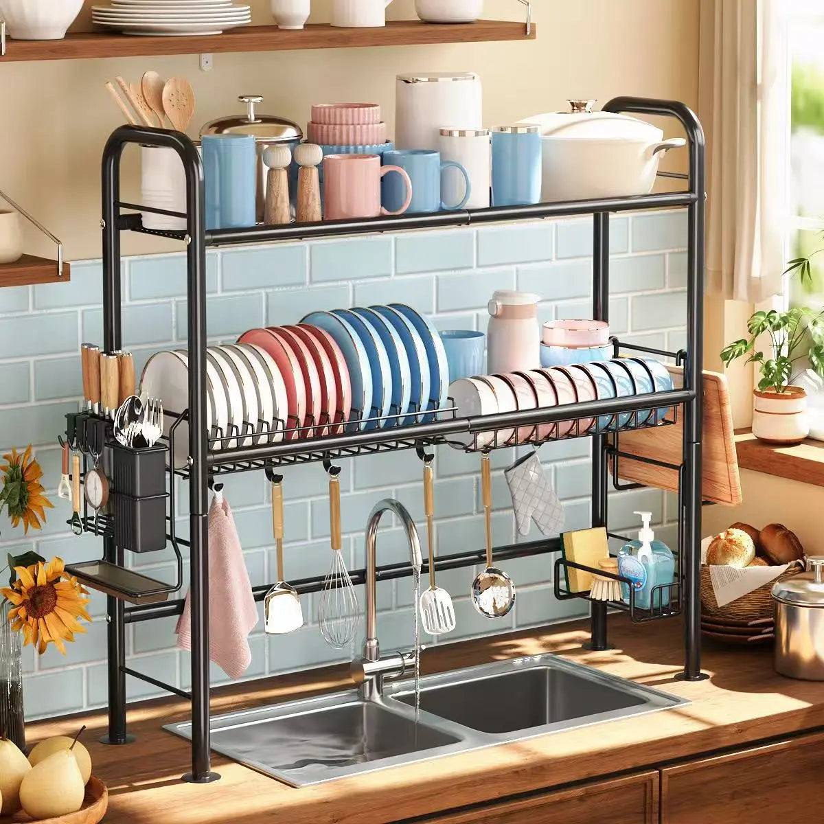 【Holiday Deals】MiAoLi Over Sink Rack Kitchen Over The Sink Dish Drying Rack Organizer Large Space Saving Dish Drainer Countertop Dishes Rack On Counter Caddy Utensil Metal Organizer 1&2 Tiers 1Tier