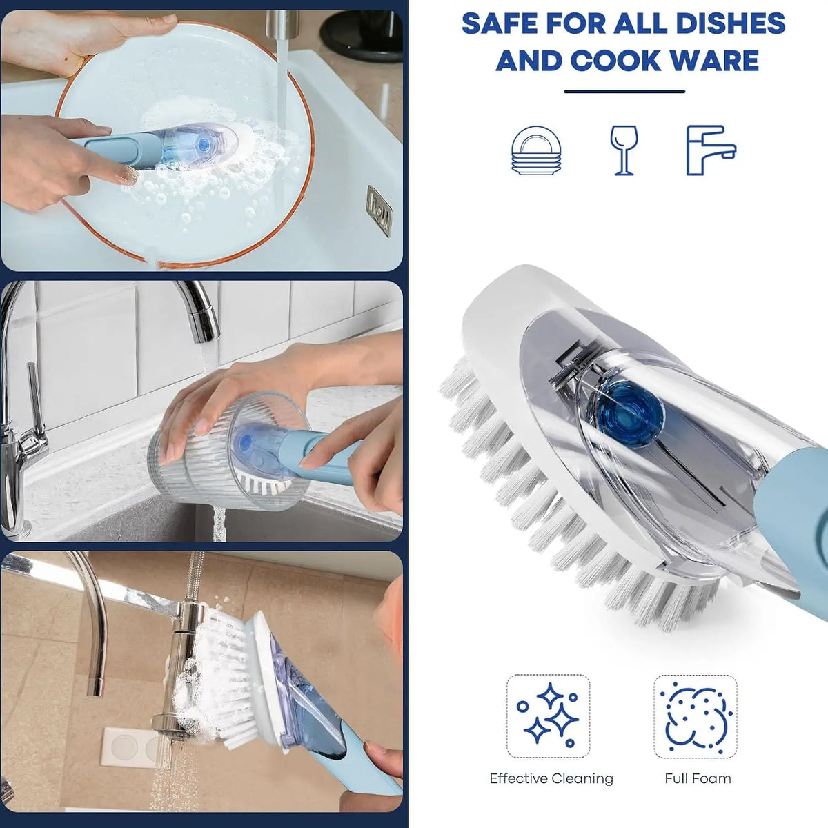 Soap Dispensing Dish Brush Set with 2 Brush Refills and Holder | Dish  with Handle Kitchen Dishwashing Brush Dish Wand for Dishes, Pans, Pots And Sink, Blue