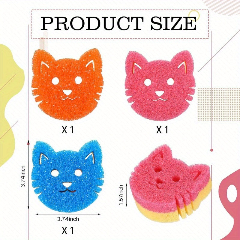 3pcs Double-Sided Scrub Sponges, Temperature-Sensitive Surface - Scratch-Free Dishwasher Safe, Multi-Color Cat Face Design, Suitable for Kitchen, Bathroom and Pet Cleaning, Durable Kitchen Sponge
