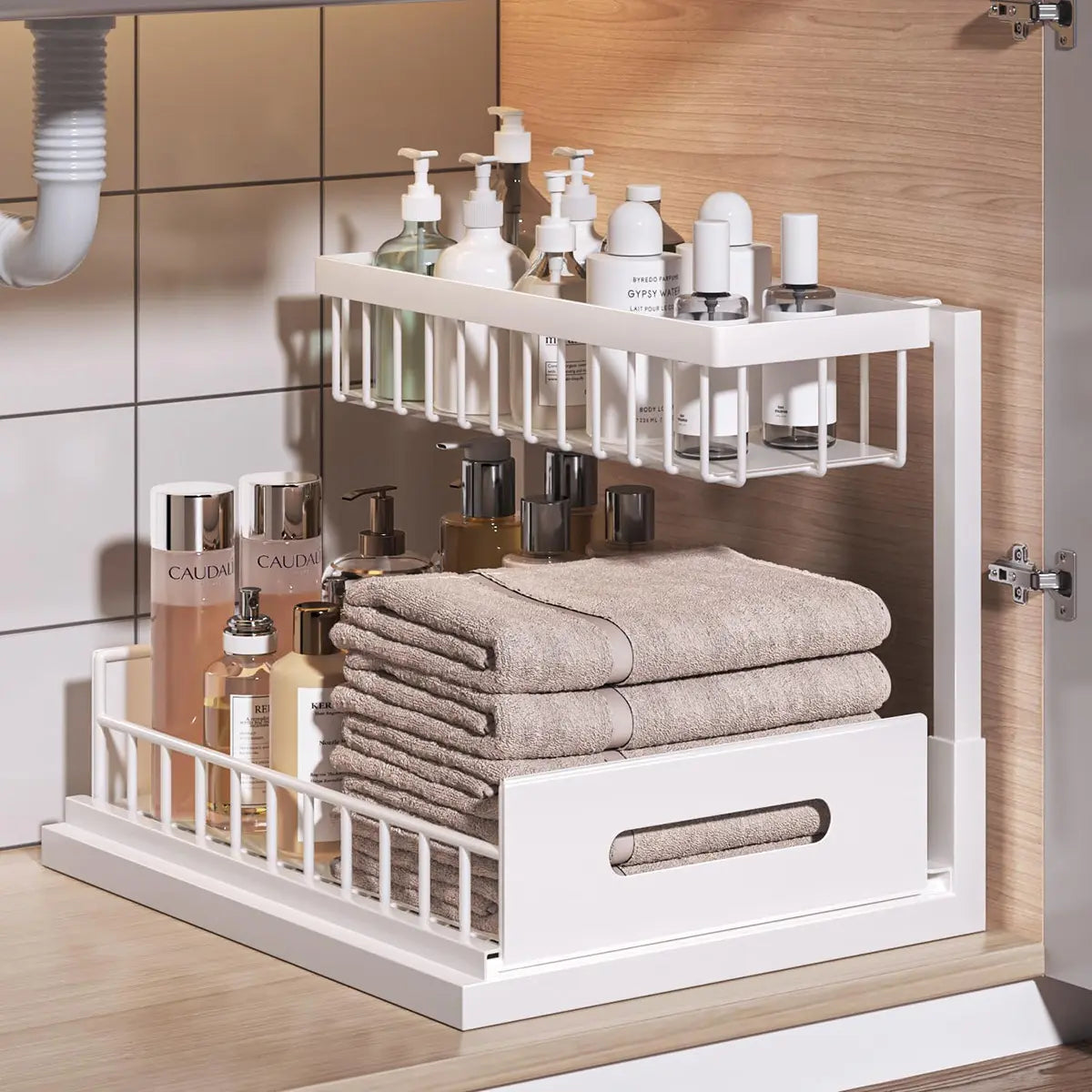 Under Sink Organizer 2 Tier Pull Out CabinetOrganizer Slide Out Sink Shelf & Cabinet Organizerfor Kitchen Bathroom Cabinet Installation OrganizingSystem