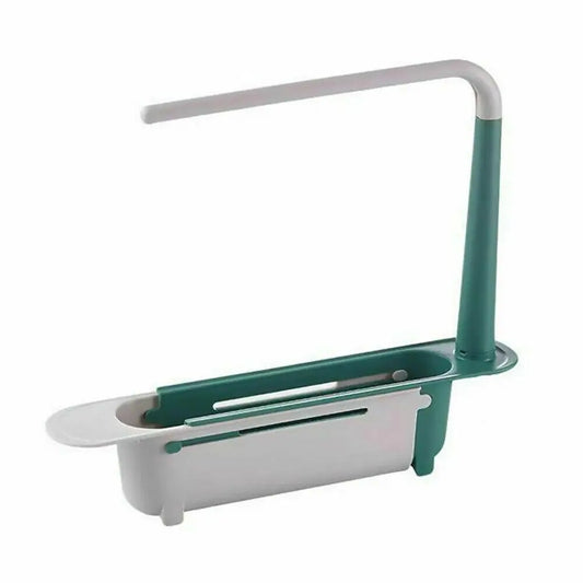 1 PCS Upgraded Telescopic Sink Organizer Rack - 2-in-1 PP Plastic Expandable Storage Tray with Buckle, Detachable Tray, Hollow Basket, Sponge Soap Holder, Cloth Hook, Easy Clean Lever, Fast Expand/Retract, Easy Installation, Tools Stay Sorted (Green)