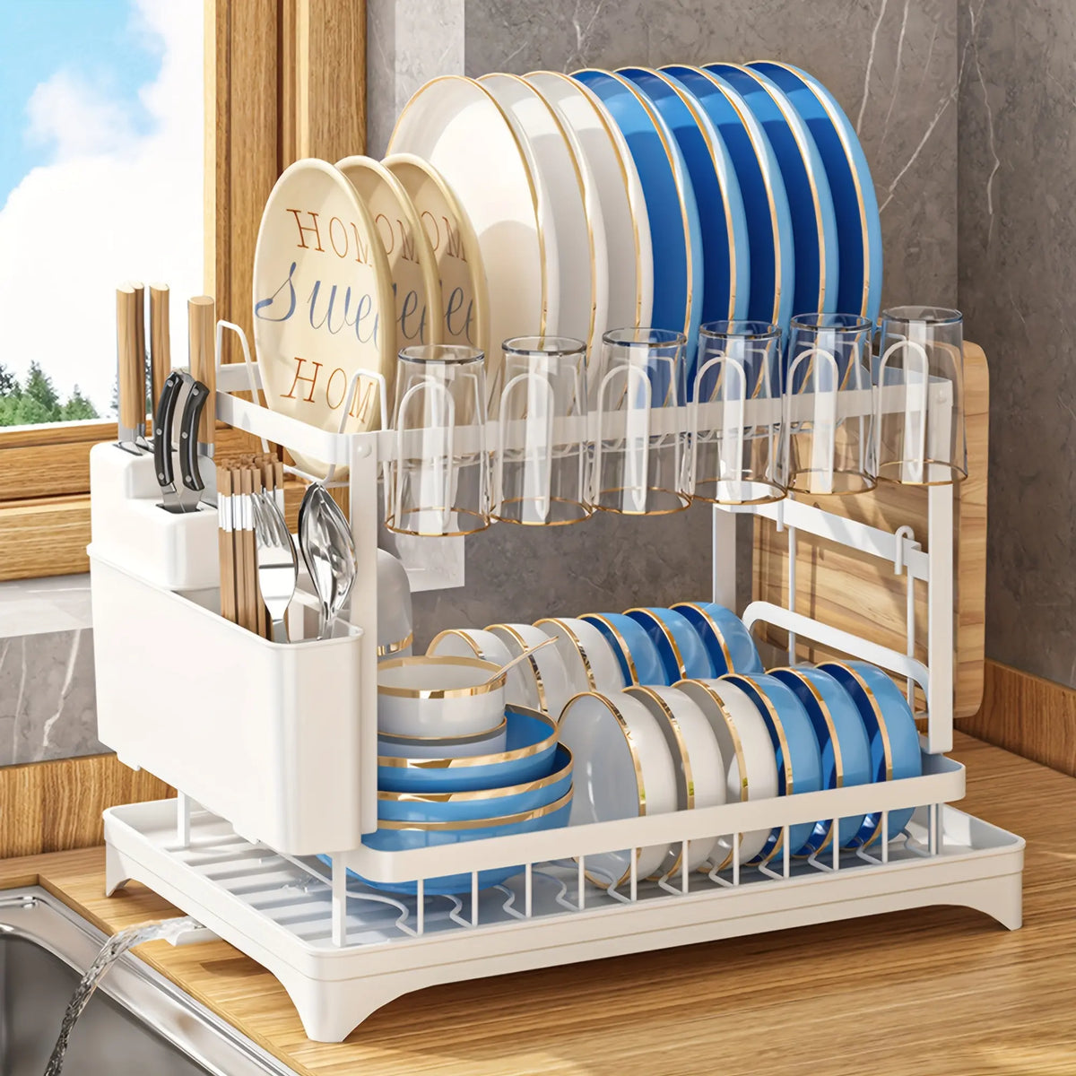 Bepatio 2-Tier Carbon Steel Baking Paint Dish Drying Rack, Home Storage Organization with Rapid Drainage System Sink Tray, Cutlery Holder, Cutting Board Holder, Anti-Slip Kitchen Countertop Organizer for Plates, Bowls, Apartment Accessories