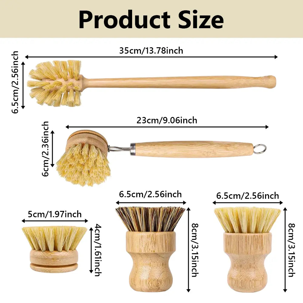5PCS Bamboo Dish Brush Set, Wooden Dish Brush with 14’’ Bottle Brush, Natural Kitchen Scrub Brush for Dishes Pots, Pans, Sinks, Woks, Vegetables