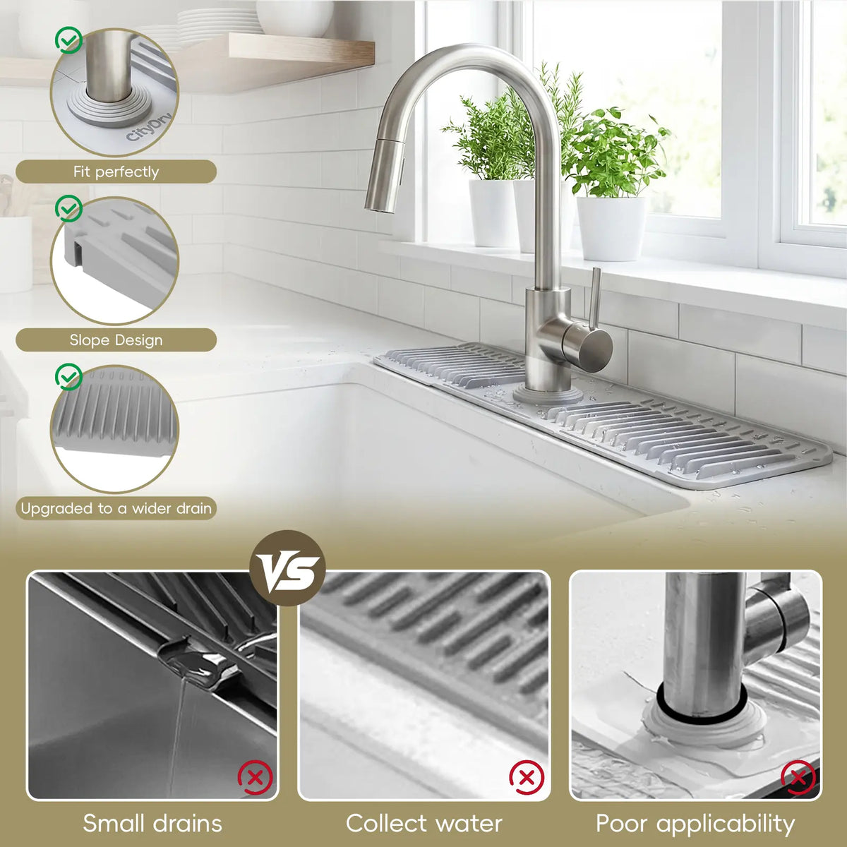 【Summer Deals】CityDry Kitchen Sink Faucet Mat - Lockable Silicone Folding Water Splash Guard, Portable Draining Splash Pad, Kitchen Accessories Sink Protector,sohochic