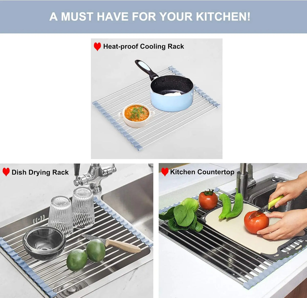 Over The Sink Dish Drying Rack - Foldable Stainless Steel Kitchen Dish Rack, Gray, Roll Up Design Organiser