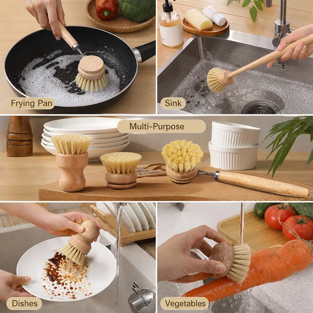 5-Pack Bamboo Dish Brush Set with Handle - Soft Bristle, Non-Toxic, Removable & Washable Cleaning Brush with Multiple Heads, Compostable Sustainable Kitchen Tool for Dishes, Pots, Glass, Comfortable,sohochic