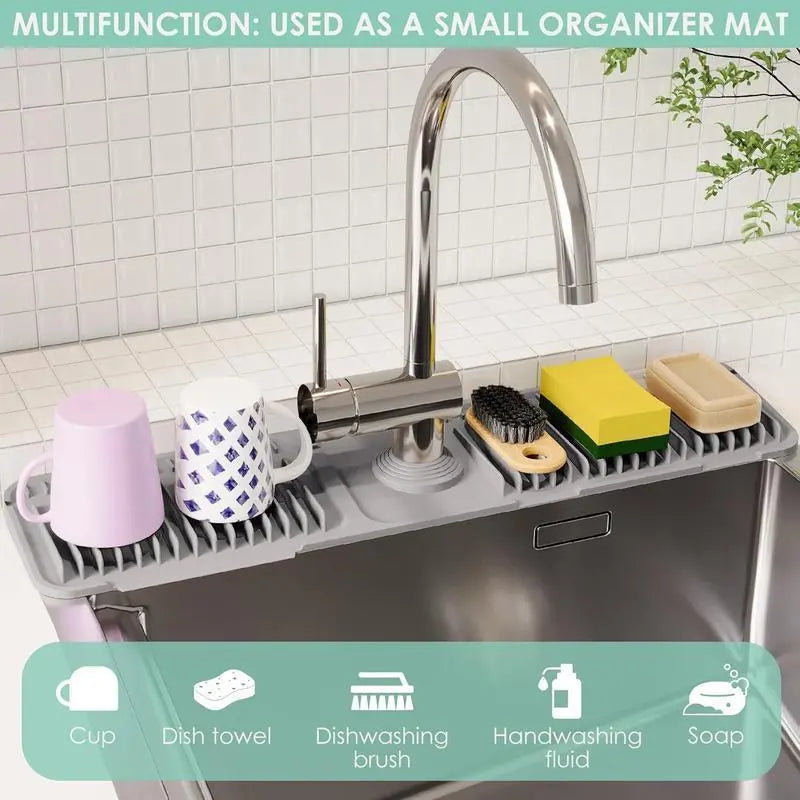 TerraGlow Living 24x5.5" Rectangular Silicone Kitchen Sink Faucet Water Splash Guard, 5° Slope Fast Self-Draining, Leakproof Secure Eco-Friendly, Customizable Hole & Button Design, Food-Grade Durable Easy-to-Clean Home Supply, Dishwasher Safe