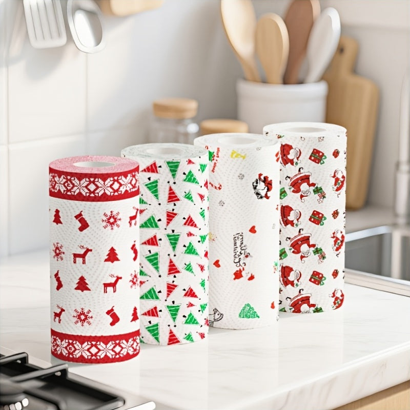 4-Pack Christmas Kitchen Paper Rolls - Thickened 3-Ply Disposable Towels, Wet/ Cleaning for Home/Restaurant, Absorbent & Durable, Holiday Cleaning Supplies (Random Styles)