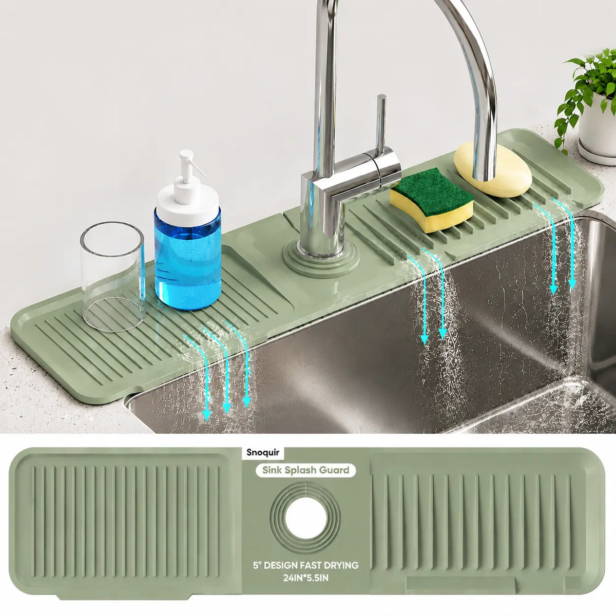 【SohoChic】24-Inch Silicone Kitchen Sink Faucet Mat - Splatter Guard, Water Splash Guard, Longer Draining Sink Protector for Faucet Area, Grey