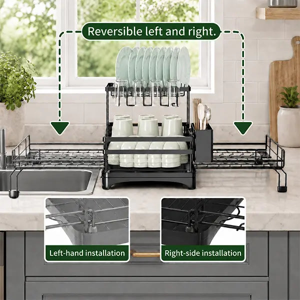 Double-Layer Expandable Dish Drying Rack - Heavy Duty Rustproof Multi-Tiered Sink Rack Draining Boards, Kitchen Organizer with Automatic Water Drainage, Utensil Storage, Fits Countertops/Sinks, Ideal for Small Apartments & Families (House Organizers), Apa