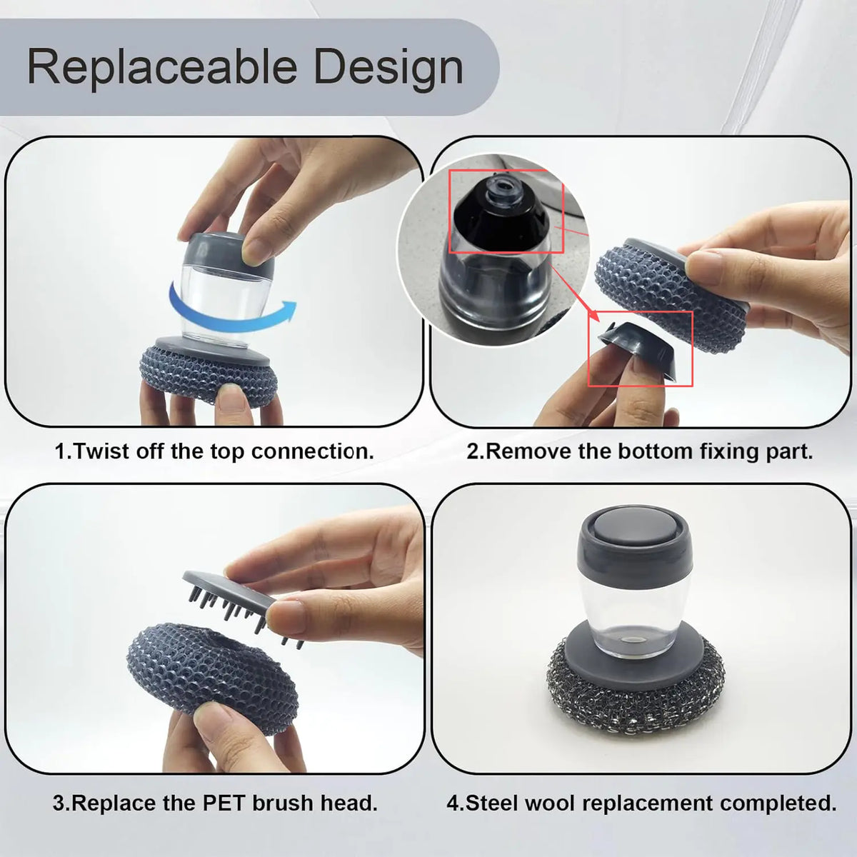Automatic Liquid-Adding Kitchen Pot Brush with Comfortable Handle, Deep Grease Lift, Removable Head, Easy Clean Scrubber for Frying Pans, Plates, Gentle-on-Hands Manicure-Friendly Home Care Tool