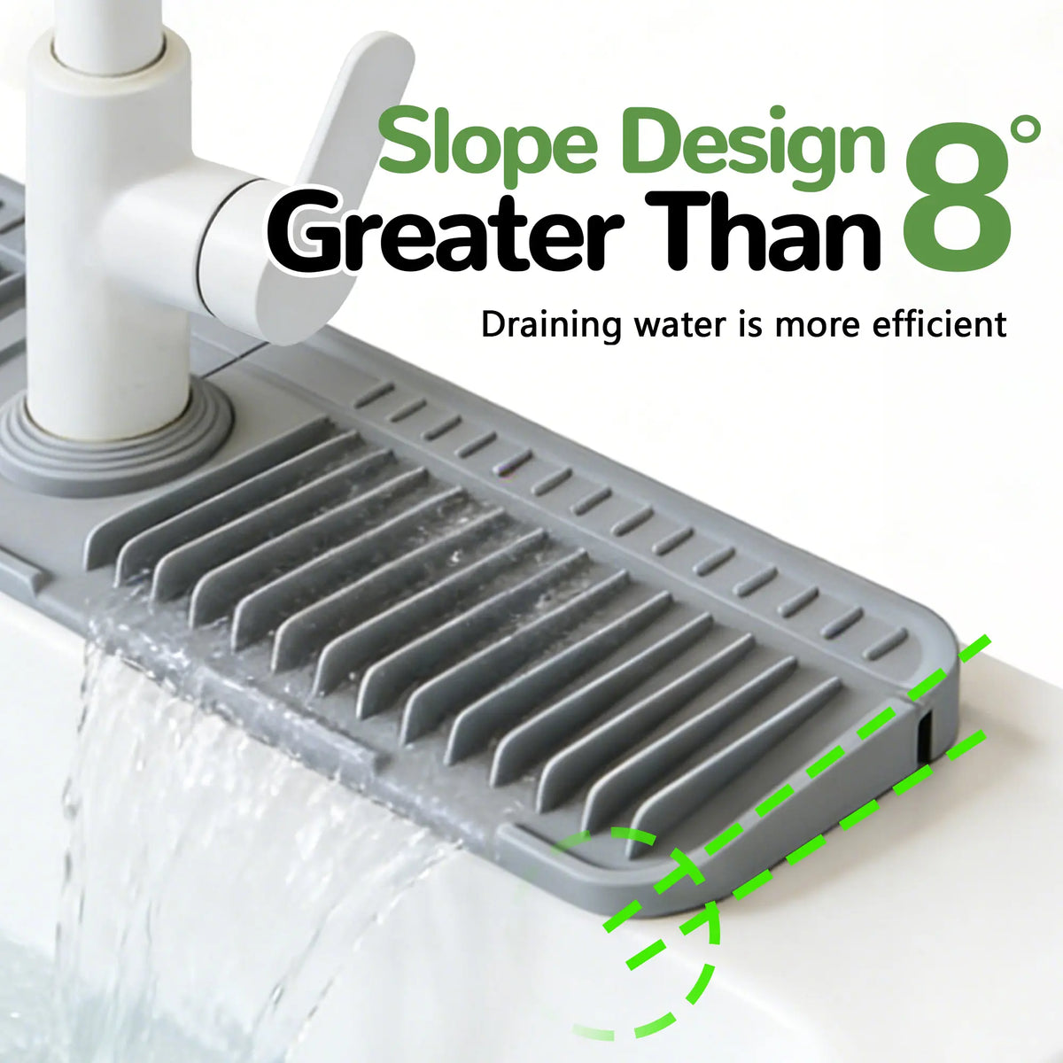 Kitchen Silicone Sink Faucet Mat - Upgraded Angled Fast Drain Trimmable Hole Protection Mat, Quick Dry Stone Tray, Drip Collector, Water Splash Guard for Kitchen Sinks