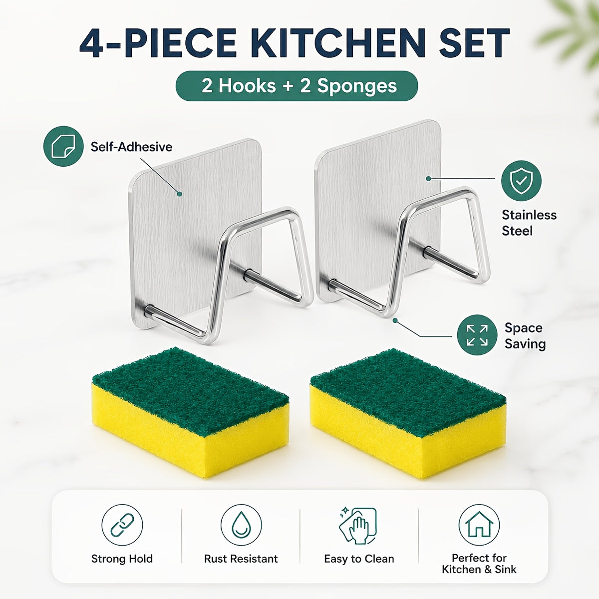 4pcs Set (2 Stainless Steel Kitchen Sink Sponge Holders + 2 Cleaning Sponges), No Drilling Required, Wall-mounted Design with Dual Hooks, Ideal for Sponges and Small Tools, Keeps Surfaces Clean, for Dish-washing Sponges
