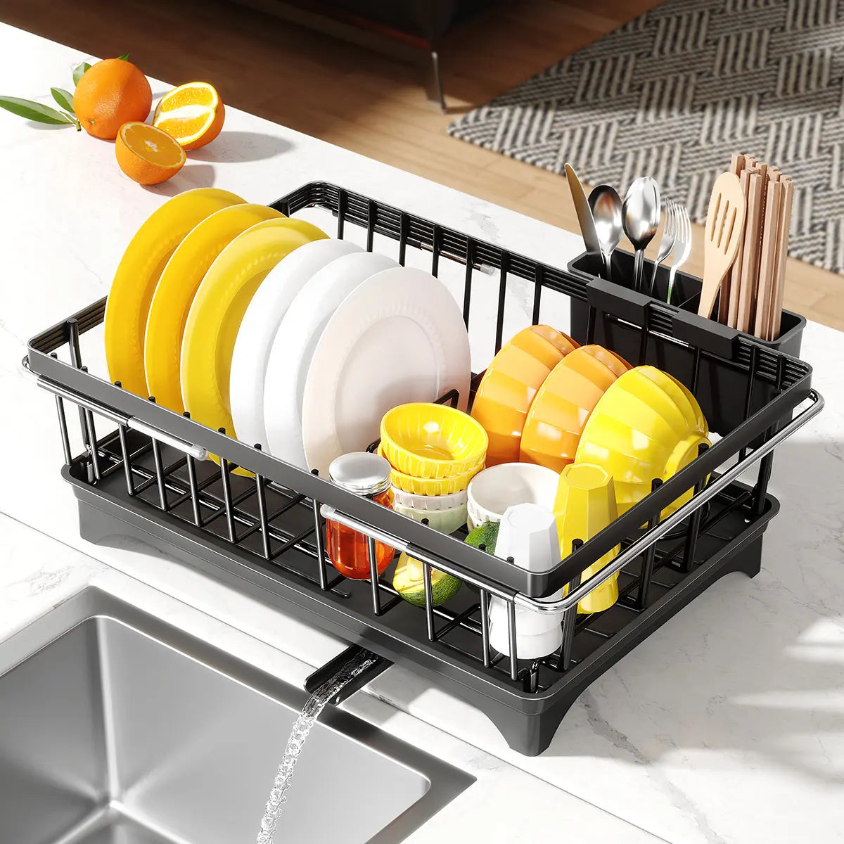 MiAoLi Over the Sink Expandable Stainless Steel Dish Drainer Drying Rack - Smooth, Slide-Adjustable, Rubber-Grip, Farmhouse-Style Compact Holder for Small Kitchen Counter Space Saving, Ideal Gift, Hollow, Kitchen Accessories, Fingerprint Resistant, Organi