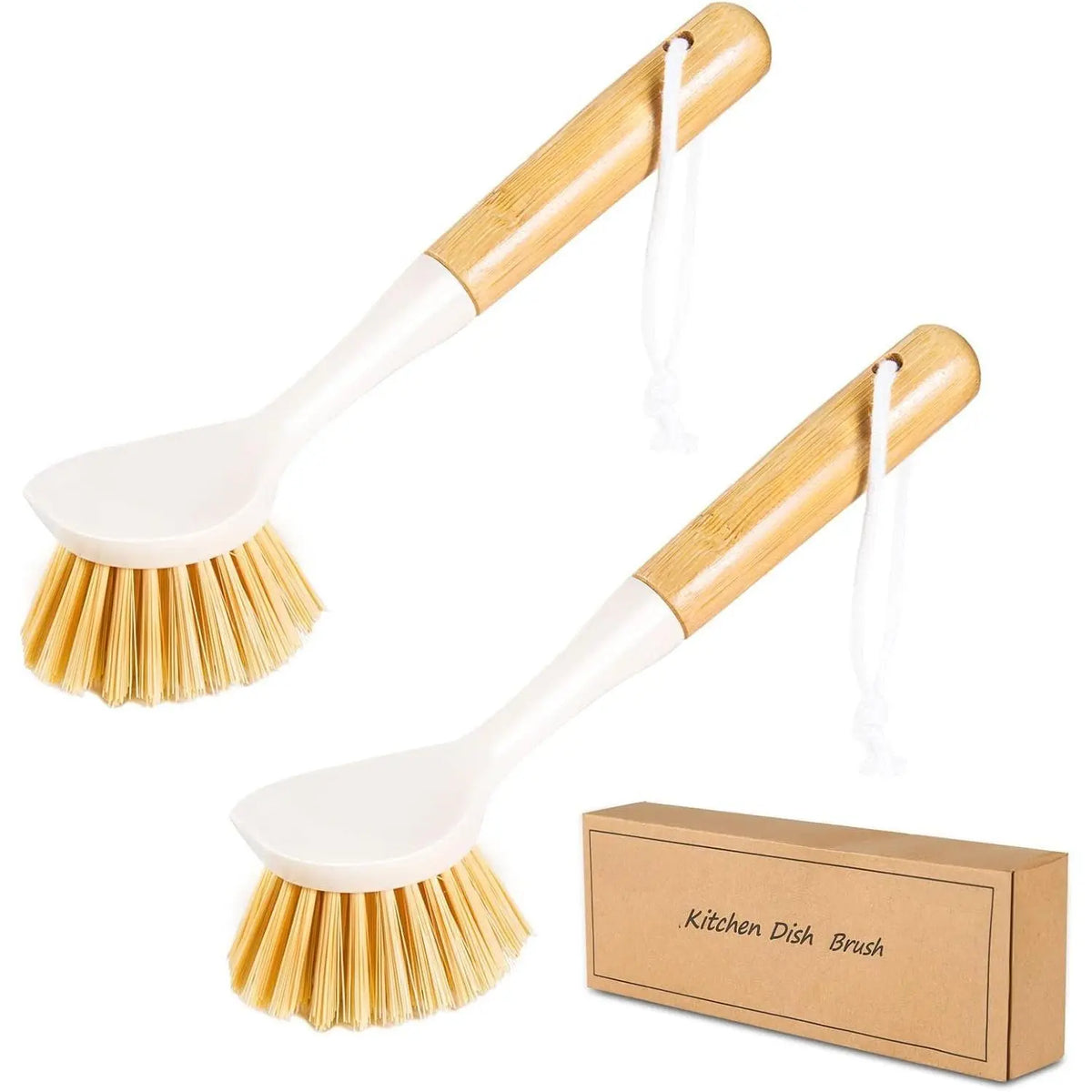 2 Pack Kitchen Dish Brushes with  Handle, Dish  -in Scraper, Scrub Brush for Pans, Pots, Counter & Kitchen Sink Cleaning, Dishwashing and Cleaning Brush Tools, White