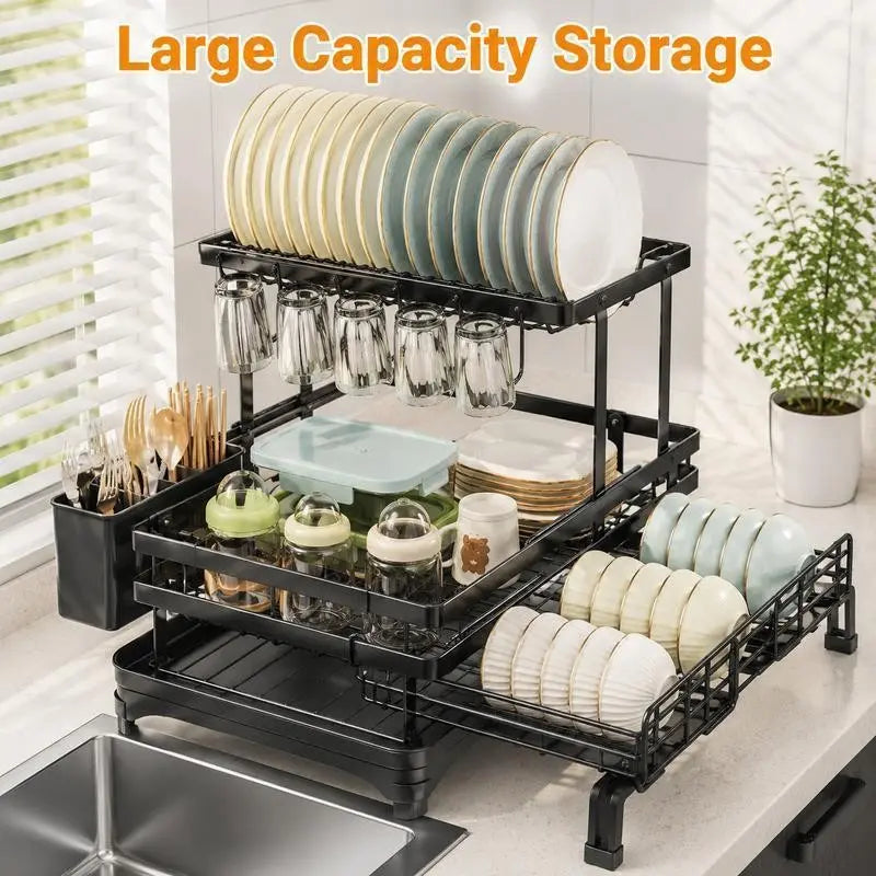 Foldable Sink Drainer Rack, Pull-Out Dual Layer, Space-Saving Kitchen Organizer, Perfect for Small Kitchens, Thanksgiving & Christmas, Metal Dish Drainers