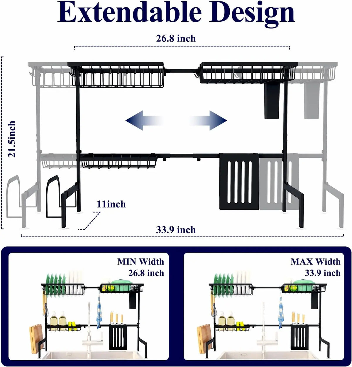 Adjustable Over The Sink Dish Drying Rack, 26.8" -33.9"x21.5" | Sink Drying Rack for Kitchen Sink, Dish Rack Over Sink with Cutlery & Utensil Holders, Kitchen Storage, Black