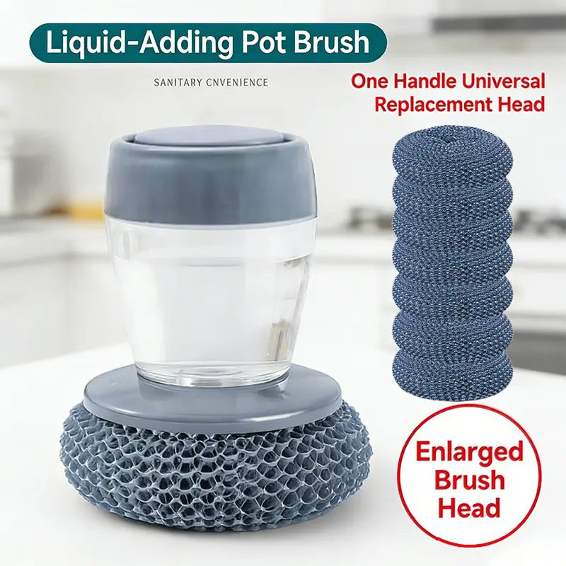 Palm Handle Automatic Liquid-Filling Plastic Soap Dispensing Brush - Sponge-Integrated Kitchen Home Cleaning Tool with Squeegee, Detachable Head Clean, Removable Washable for Sink Stove Tough Stain Grease Removal, Gentle Soap Flow