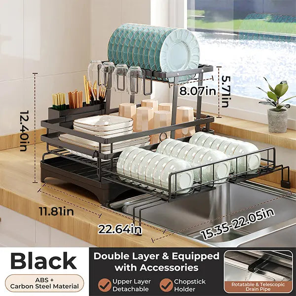 Double-Layer Expandable Dish Drying Rack - Heavy Duty Rustproof Multi-Tiered Sink Rack Draining Boards, Kitchen Organizer with Automatic Water Drainage, Utensil Storage, Fits Countertops/Sinks, Ideal for Small Apartments & Families (House Organizers), Apa
