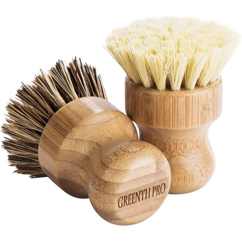 Palm Pot Brush- Bamboo Round 3 Packs Mini Dish Brush Natural Scrub Brush Durable Scrubber Kitchen Cleaning Kit with Union Fiber and Tampico Fiber for Cleaning Pots, Pans and Vegetables