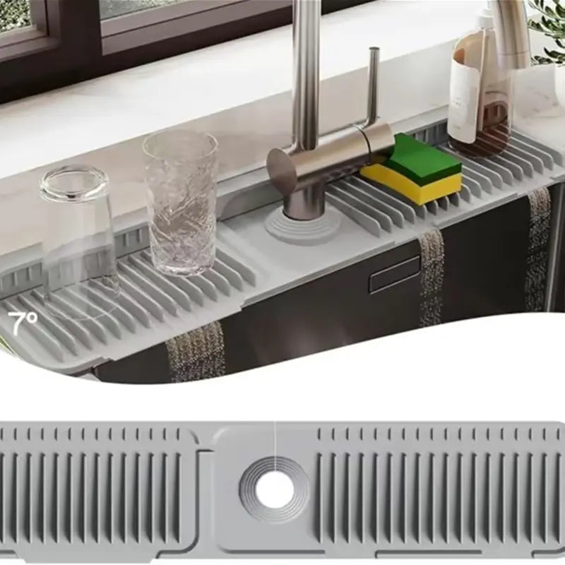 Kitchen Silicone Sink Faucet Mat - Upgraded Angled Fast Drain Trimmable Hole Protection Mat, Quick Dry Stone Tray, Drip Collector, Water Splash Guard for Kitchen Sinks