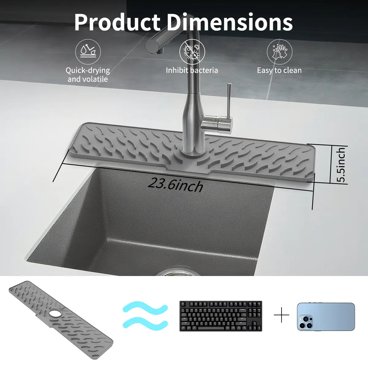 Silicone Faucet Drying Mat - 23.6in Extra Long Kitchen Countertop Protector, 7° Slope Drainage, Water Drains to Sink, Sink Splash Guard for Sponge, Cup, Soap (1-Pack, Black/Grey), Silicone Sink Protector, Kitchen Countertops