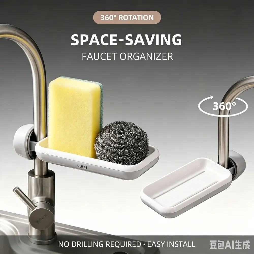 1Pc 360° Rotatable Faucet Sink Caddy, Minimalist No‑Drill Quick Drain Sponge Holder, Space‑Saving Hanging Durable Storage Rack for Kitchen Sink & Bathroom Shower
