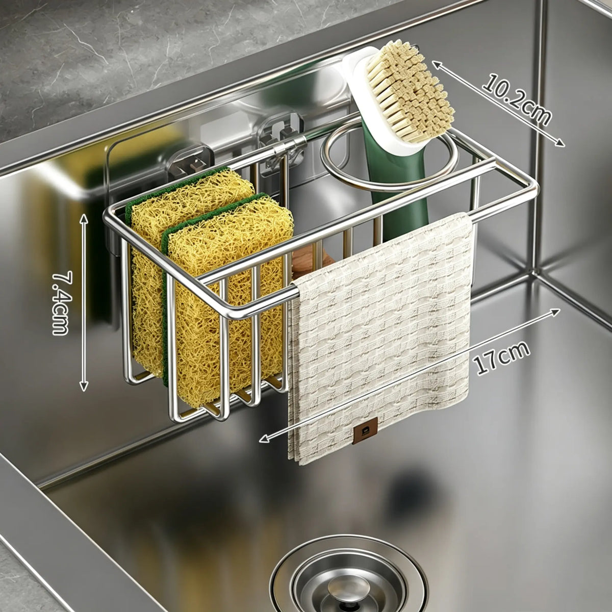 TAILI 4-in-1 Sink Caddy for Kitchen Sink with Strong Suction Cup-Silver | Removable Sponge Holder for Kitchen Sink Organizer, Rustproof 304 Stainless Steel Holder for Sponge, Brush, Scrubber, Scraper