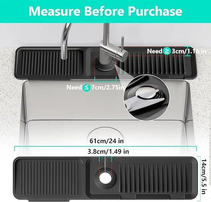 Modern Silicone Faucet Mat - 24-Inch Longer Rectangular Water Splash Guard for Kitchen Use, 5° Slope Fast Self-Draining, Tidy Single Black Home Decor Mat