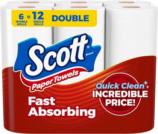 Scott Disposable Kitchen Paper Towels - Choose-A-Sheet Heavy-Duty Multipurpose Cleaning Supplies, 6 Double Rolls (108 Sheets Each) Equivalent to 12 Regular Rolls, Pouch-Compatible for Office, Study, Neck, Wrist Use