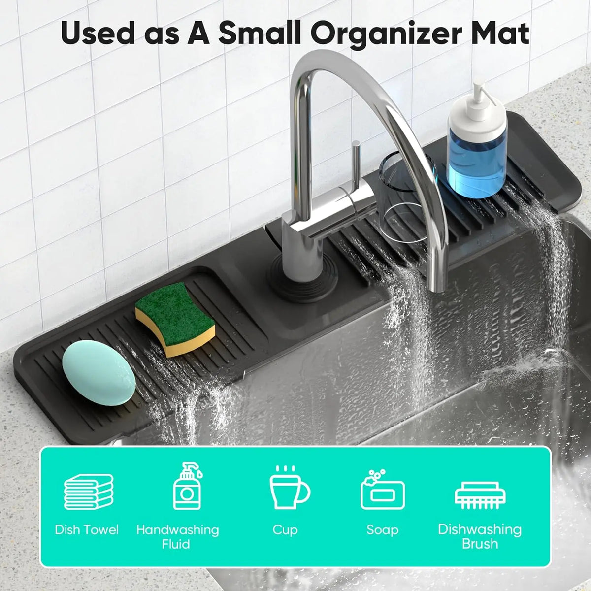 Modern Silicone Faucet Mat - 24-Inch Longer Rectangular Water Splash Guard for Kitchen Use, 5° Slope Fast Self-Draining, Tidy Single Black Home Decor Mat