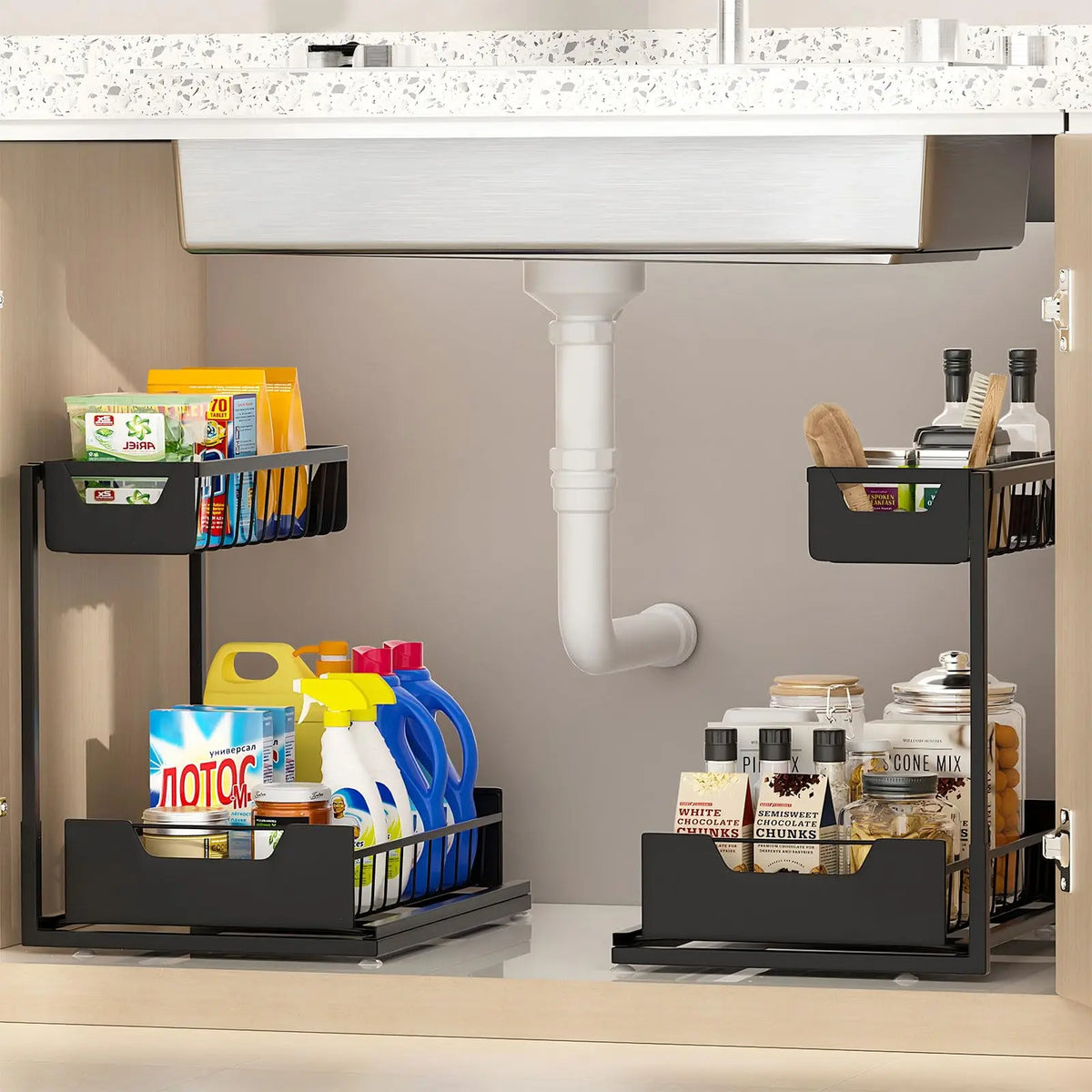 Under Sink Organizer 2 Tier Pull Out CabinetOrganizer Slide Out Sink Shelf & Cabinet Organizerfor Kitchen Bathroom Cabinet Installation OrganizingSystem