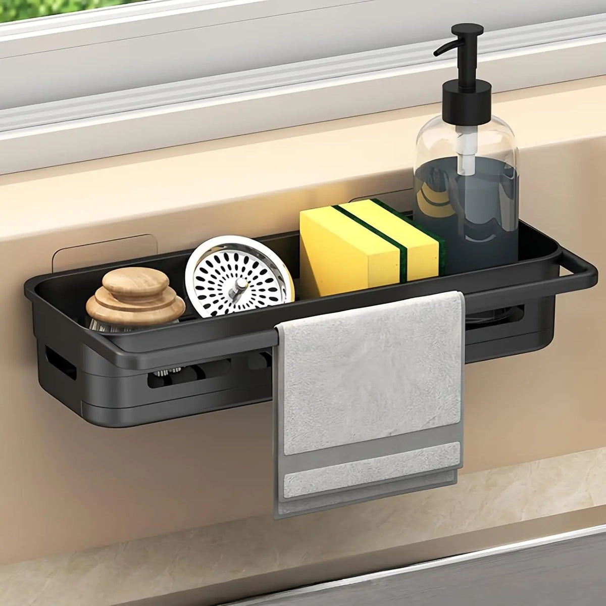 Multifunctional Sink  Sponge Holder, Kitchen Sink Organizer with Self Drain Tray, Shower  for Sponges, Brushes, Stoppers and Scrapers,Ideal  & Kitchen Decor (Black)